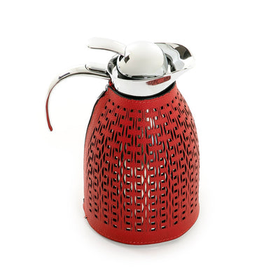 Red Metal Thermos With Leather Cover 1.5 Liter