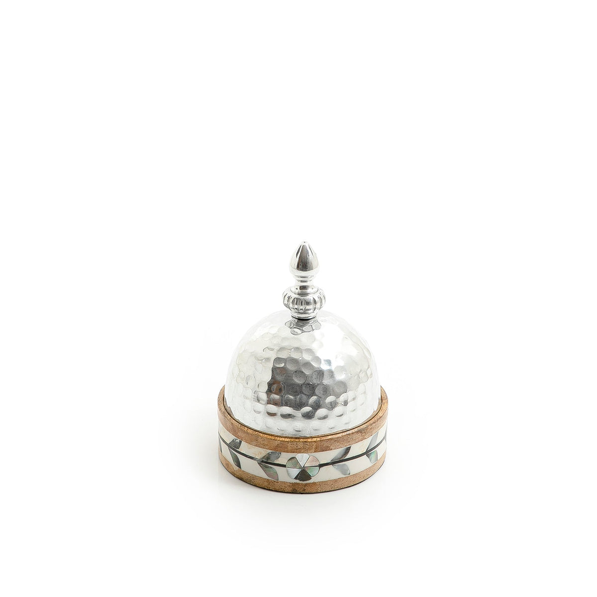 Bowl with metal cover and wooden base with mother of pearl